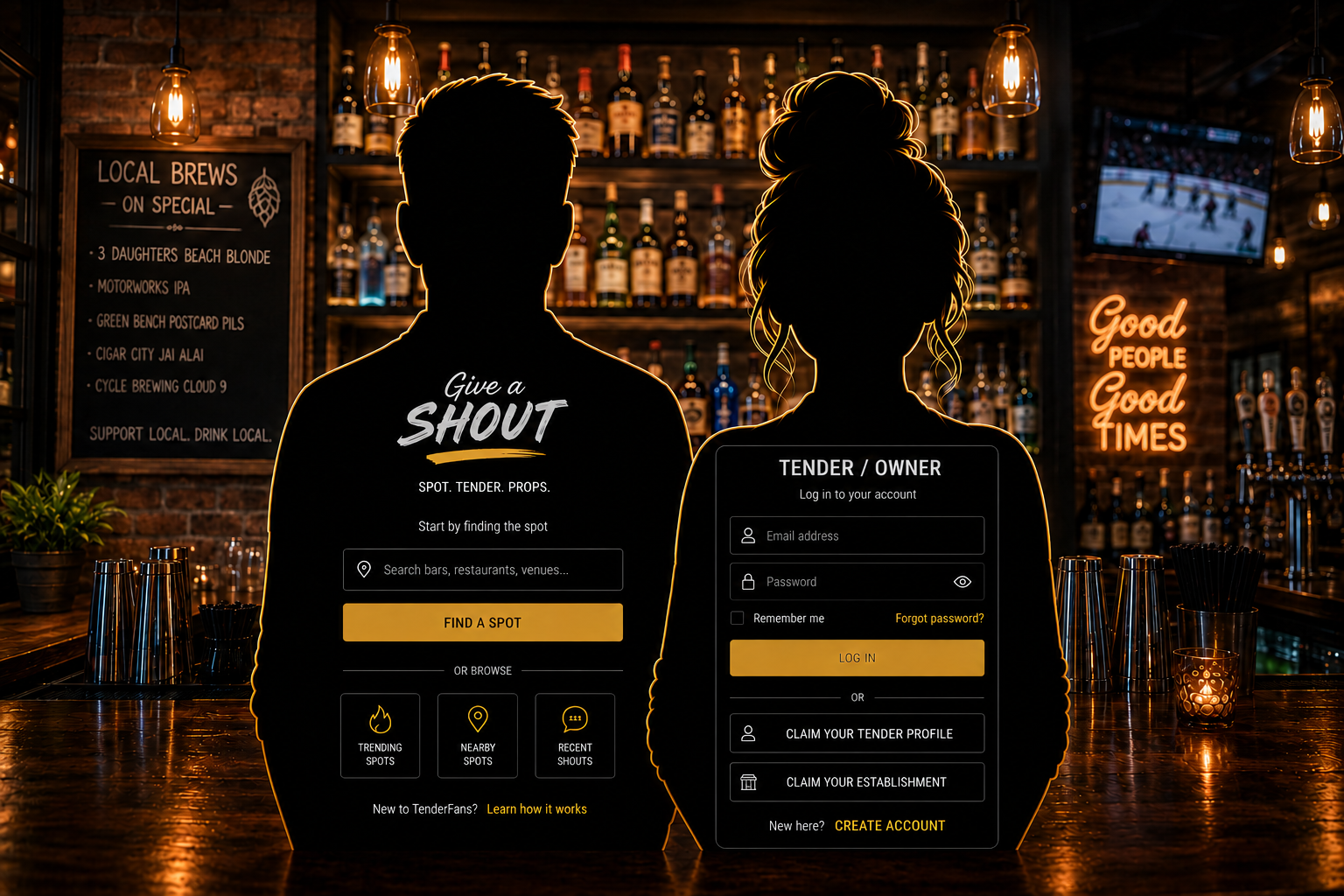 Warm neighborhood bar with two silhouetted figures at the bar.